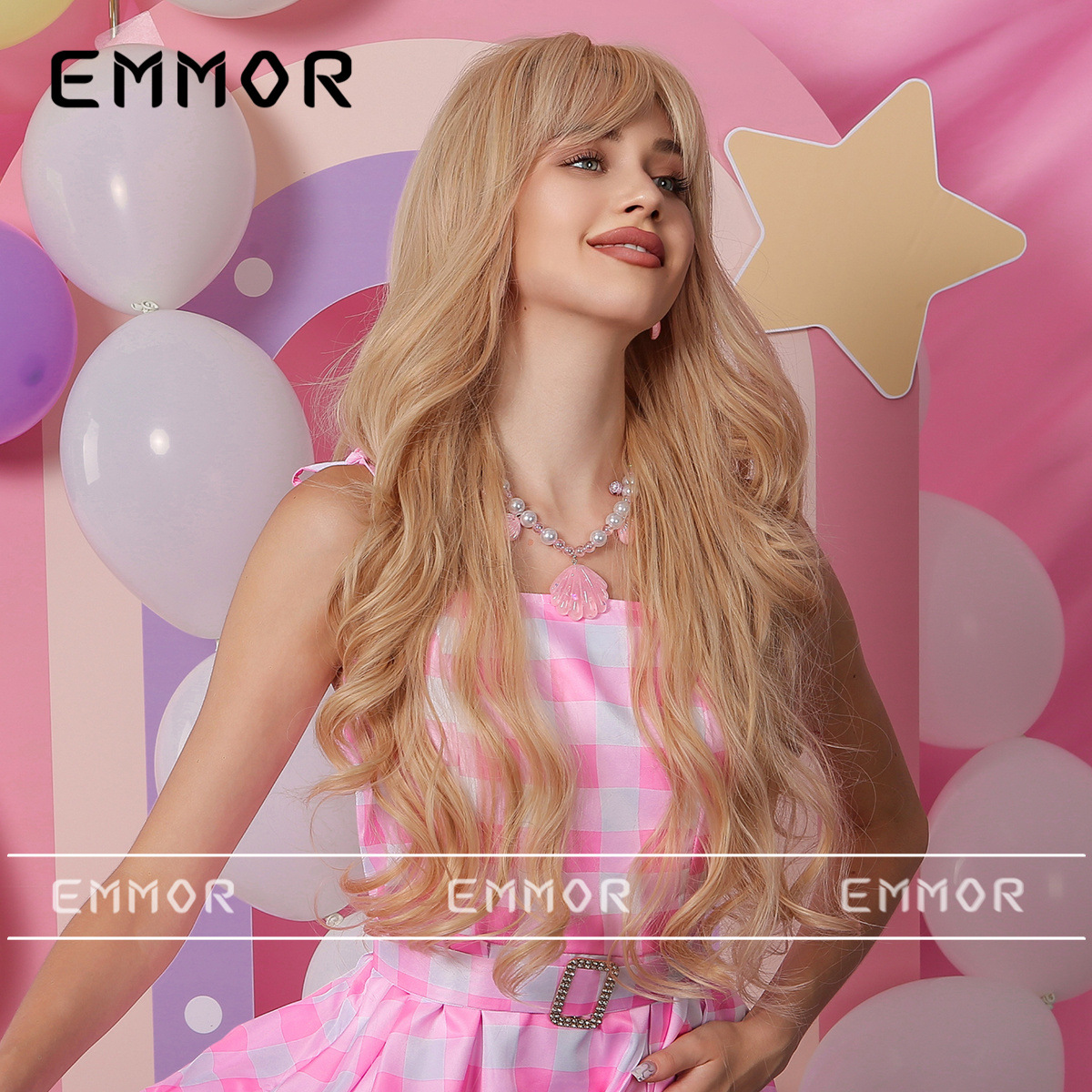 Europa y América nuevo estilo Bangs leche té marrón largo pelo rizado Barbie escape princesa estilo perezoso mullido peluca cabeza completa cubierta