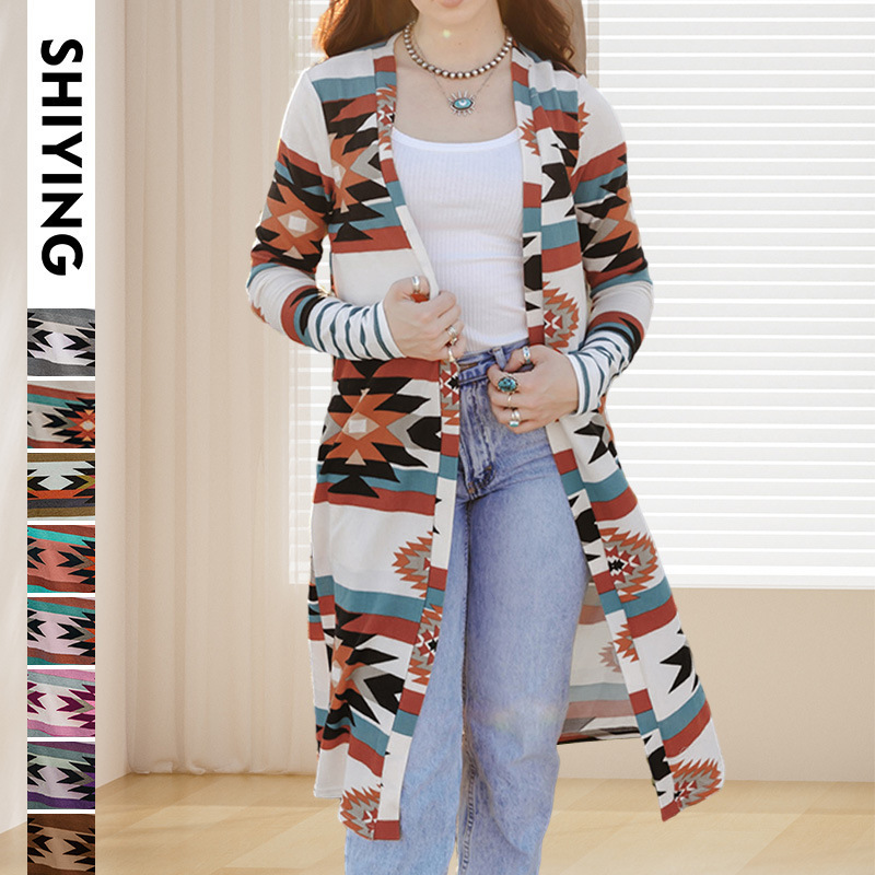 Trendy European and American Cardigan Jacket for Women, Autumn and Winter New Cross-Border Western Fashion Striped Mid-Length Color-Blocking Knit Jacket