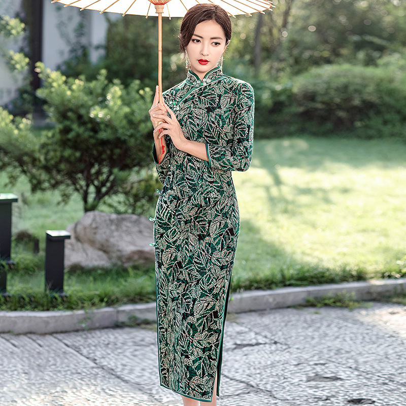 Women's Chinese Dress retro Cheongsam Qipao Dresses long sleeves leaves ...