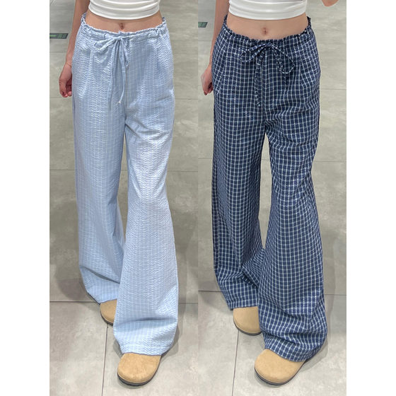Blue Plaid Pants for Women, Summer Thin Style 2025 New High-Waisted Slimming Petite Ruffled Loose Wide-Leg Pants