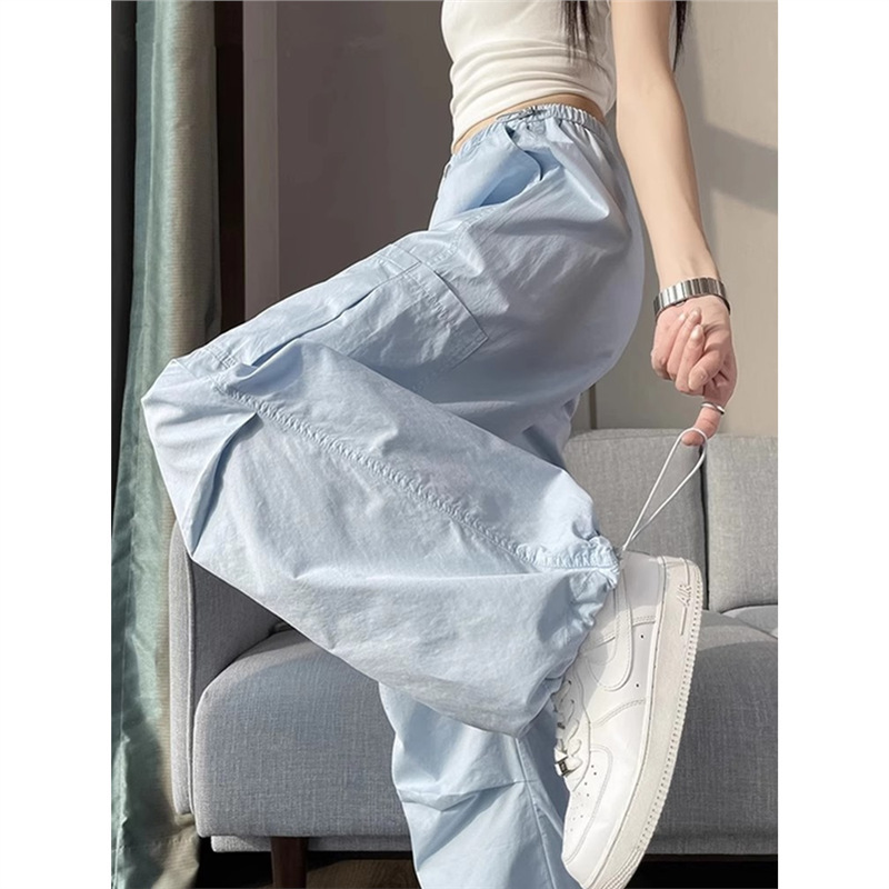 American-Style Quick-Dry Work Pants for Women, Summer Thin Ice Silk Sports Pants, Loose Wide-Leg Parachute Pants
