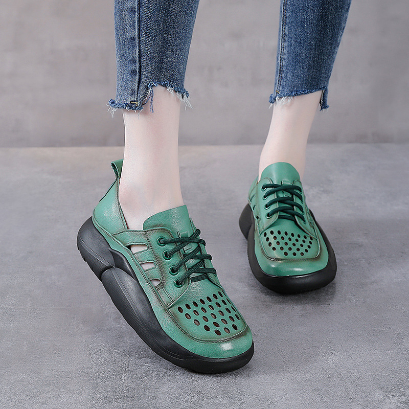 Genuine Leather Summer Breathable Vintage Platform Shoes Lace-up Thick Sole Hollow Hole Shoes Top Layer Cowhide Leather Sandals Flat Shoes Genuine Leather Summer Breathable Vintage Platform Shoes Lace-up Thick Sole Hollow Hole Shoes Top Layer Cowhide Leather Sandals Flat Shoes