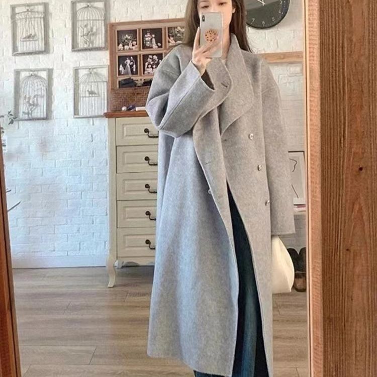 2025 New High-End Stand-Up Collar Gentle Gray Wool Double-Sided Woolen Coat for Women Autumn and Winter Thickened Woolen Coat