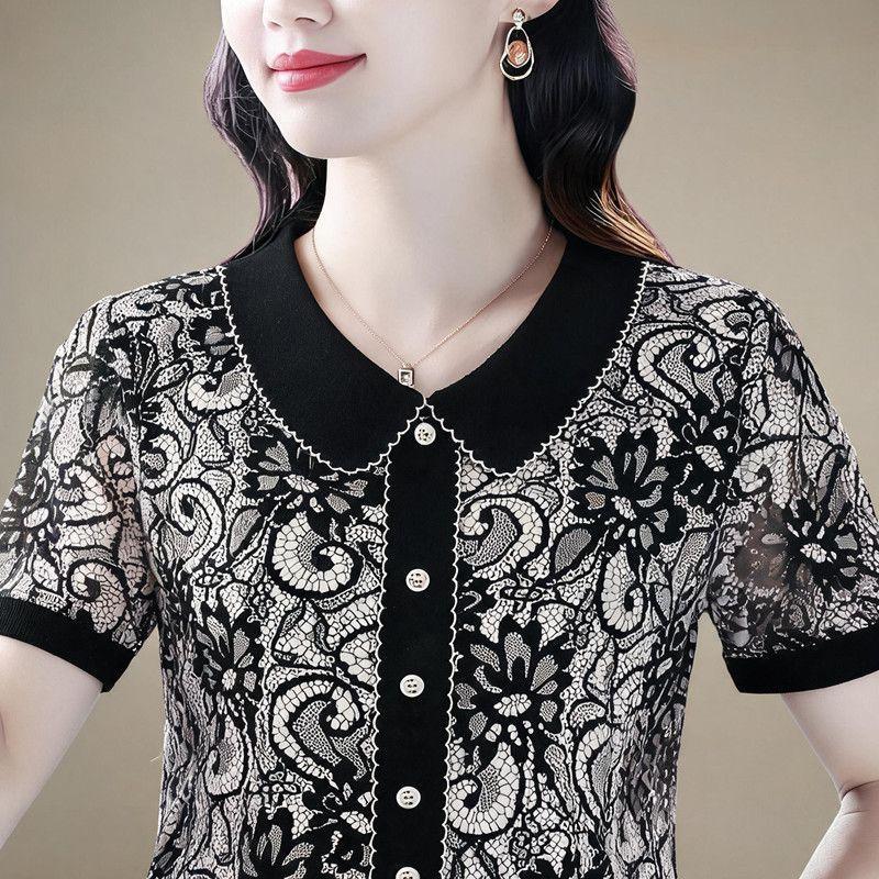 New summer short-sleeved T-shirt for women, stylish and elegant, loose fit for middle-aged and elderly mothers, plus size.