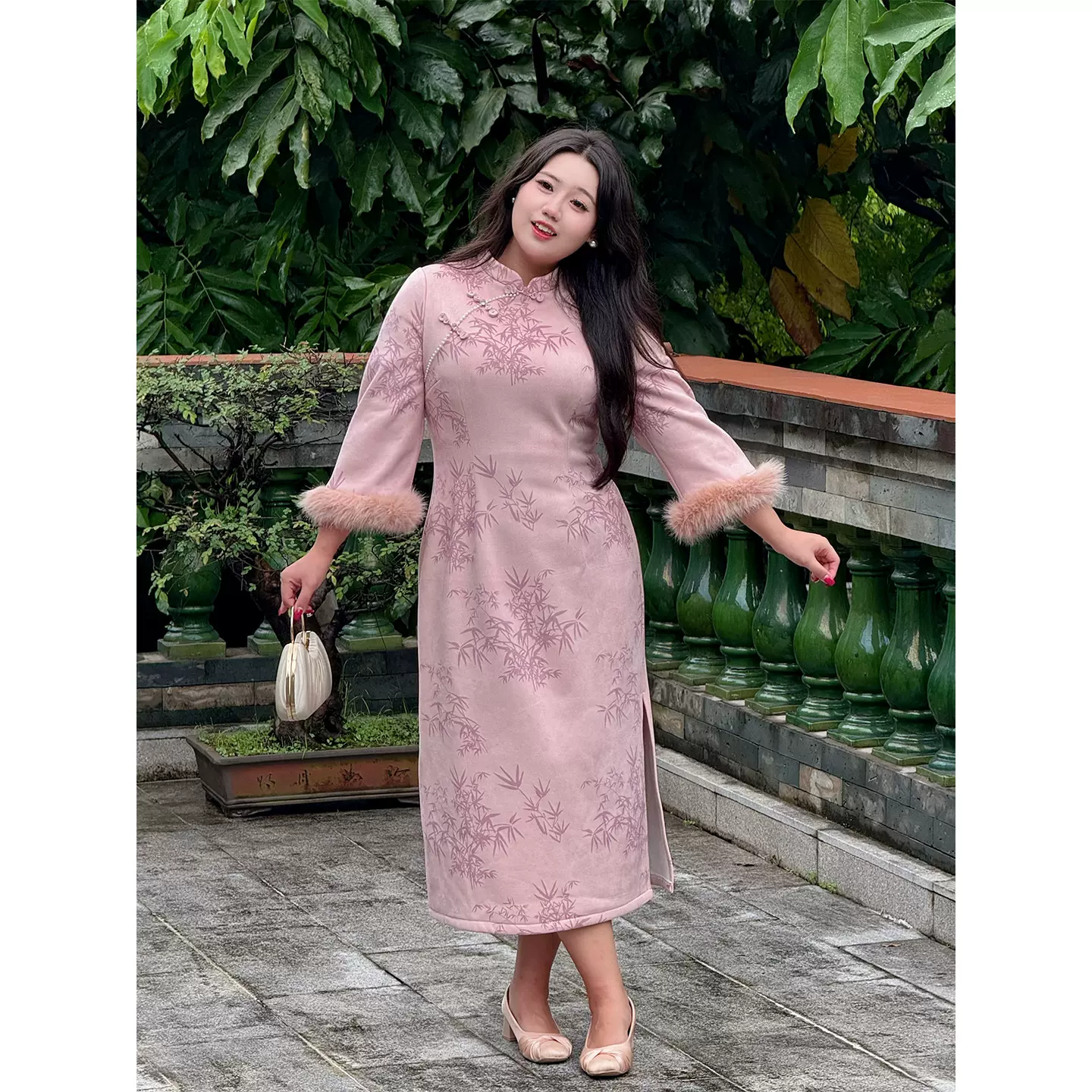 51799胖mm新中式国风改良印花裙2025秋冬新款复古收腰大码旗袍