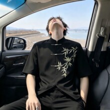新中式中山装短袖衬衫男士订婚衣服夏季国风套装竹子刺绣防晒衬衣