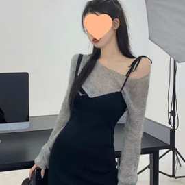 设计感小众假两件露肩长袖针织连衣裙女秋冬2025新款中长款鱼尾裙
