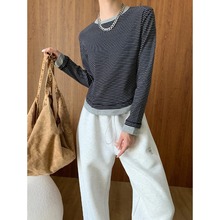 司南 时髦假两件 复古撞色条纹显瘦长袖T恤2025秋冬新款 SN6097