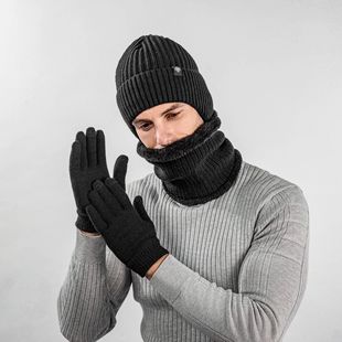 European and American Cross-Border Solid Color Warm Hat and Scarf Set, Knitted Pullover Hat for Men, Autumn and Winter Two-In-One
