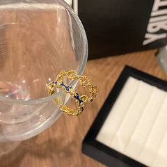 法式輕奢藍色琺瑯素圈圍繞開口戒女花紋疊戴食指戒可調節指環手飾