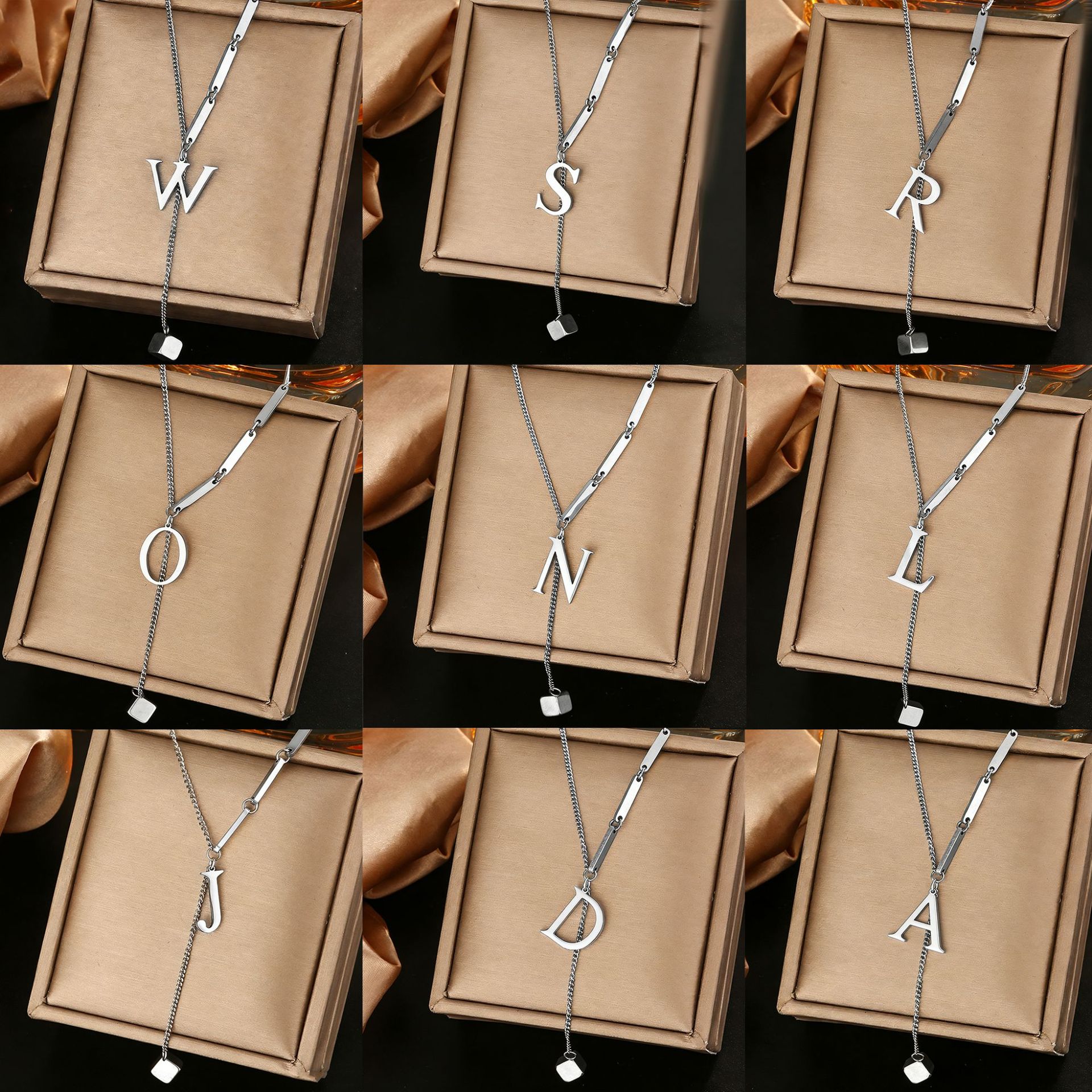 Cross-Border Popular Stainless Steel 26-Letter Pendant Necklace, Light Luxury, High-End Feel, Versatile Titanium Steel Non-Fading Sweater Chain