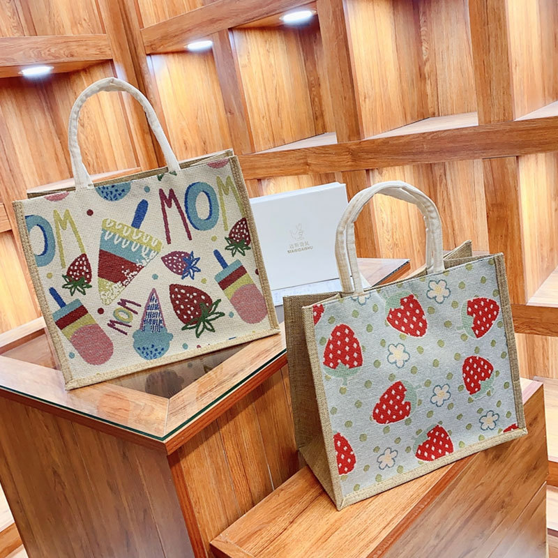 ins Linen Fashion Handbag Girl's Cute Niche Trendy Canvas Bag Korean Cartoon Casual Lunch Bag