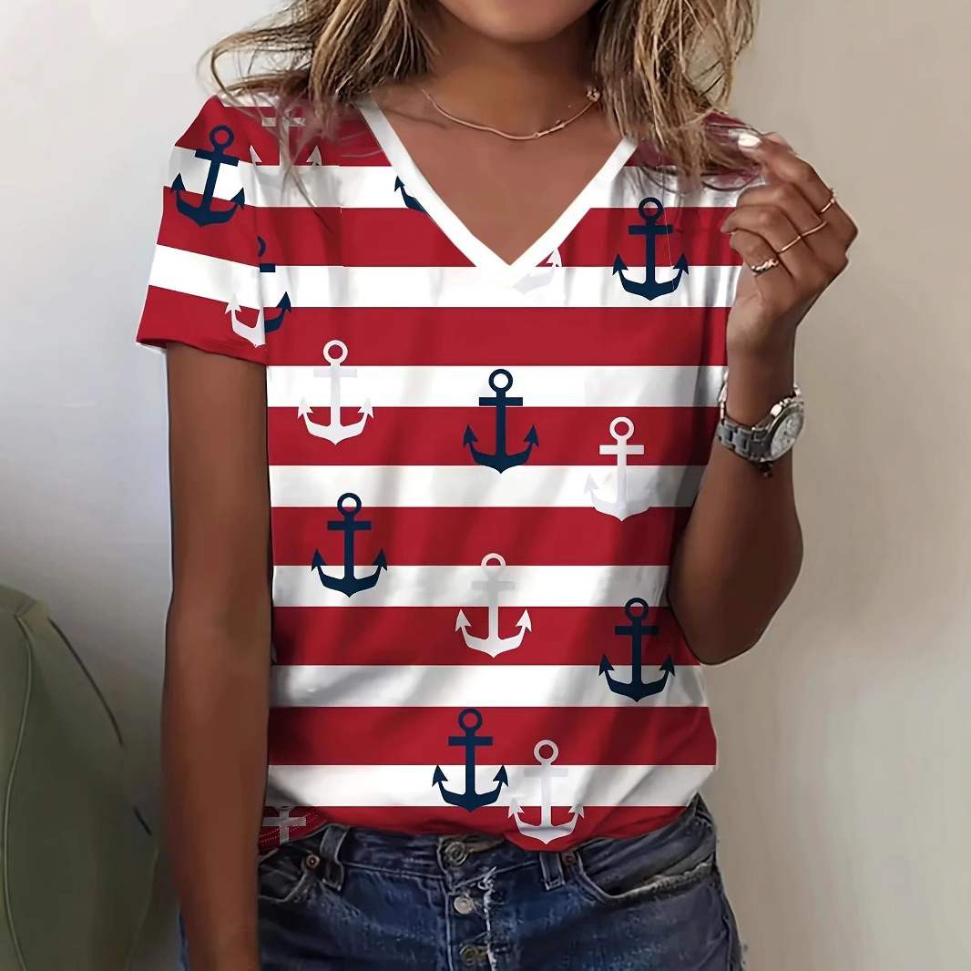 New Cross-border Amazon Explosions European and American-style Harajuku Barb Casual high quality Women's V-neck Short-sleeved Top