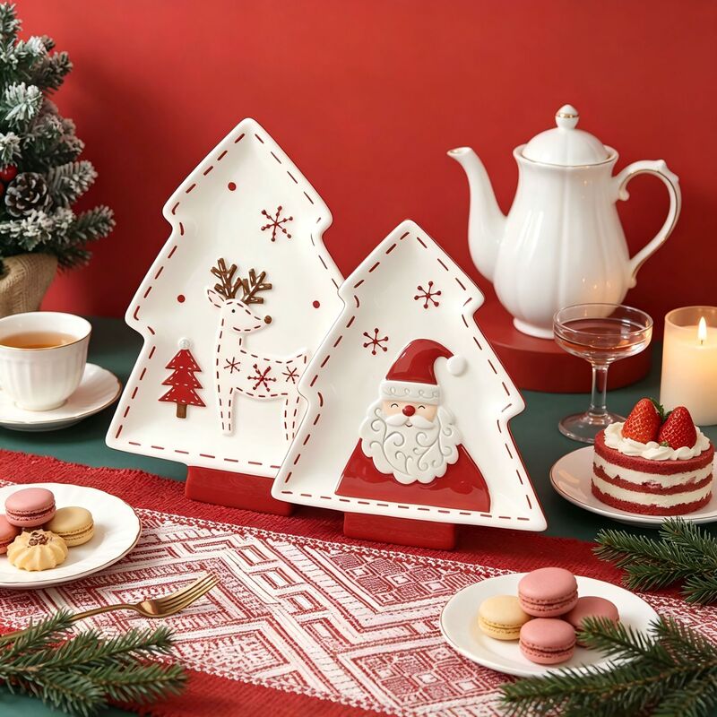 Christmas-themed tree-shaped ceramic plate, embossed Santa Claus and reindeer dessert plate, home snack plate, holiday decoration Christmas-themed tree-shaped ceramic plate, embossed Santa Claus and reindeer dessert plate, home snack plate, holiday decoration