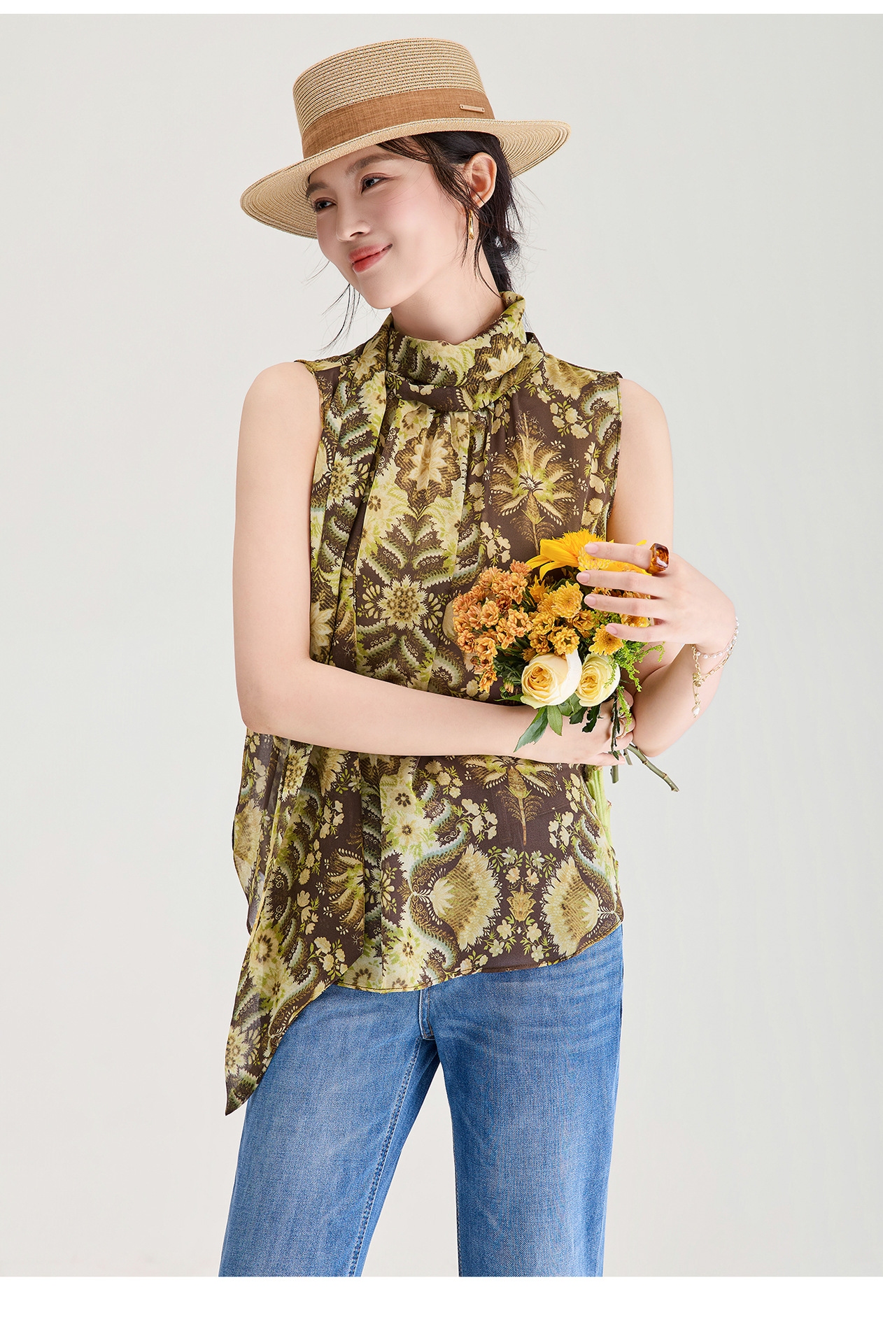 Áo hai dây nữ chất liệu chiffon in hoa, phối dây lụa, phong cách thanh lịch mùa hè — màu xám chi tiết 16