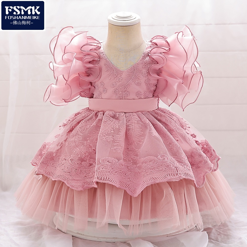 Vestido de niños nuevos europeos y americanos manga voladora color sólido niña pettiskirt vestido de un año vestido de princesa de cumpleaños de bebé