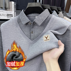 加绒加厚秋冬季针织假两件男士条纹衬衫领长袖POLO衫休闲打底衫