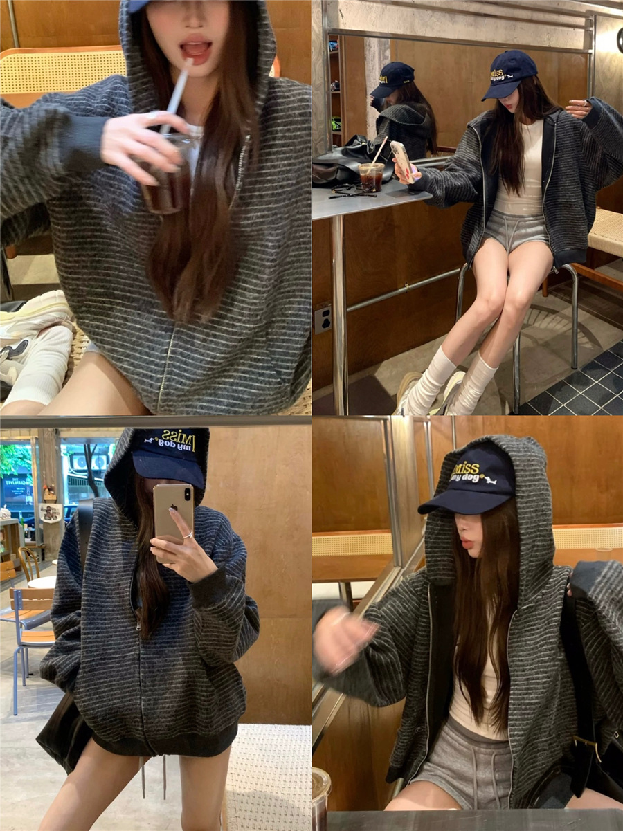 美式休闲兔毛绒圆领条纹卫衣女慵懒风宽松百搭拉链外套潮2025秋冬
