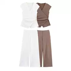 Foreign Trade 2025 Spring New European and American Style Design Sleeveless Top Wide-Leg Pants Elegant Suit 3644178