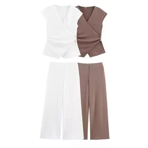 Foreign Trade 2025 Spring New European and American Style Design Sleeveless Top Wide-Leg Pants Elegant Suit 3644178