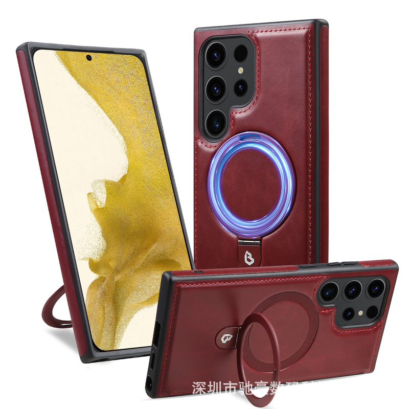 适用S25Ultra高档皮革磁吸支架手机壳S24商务皮套S23全包防摔套22|undefined