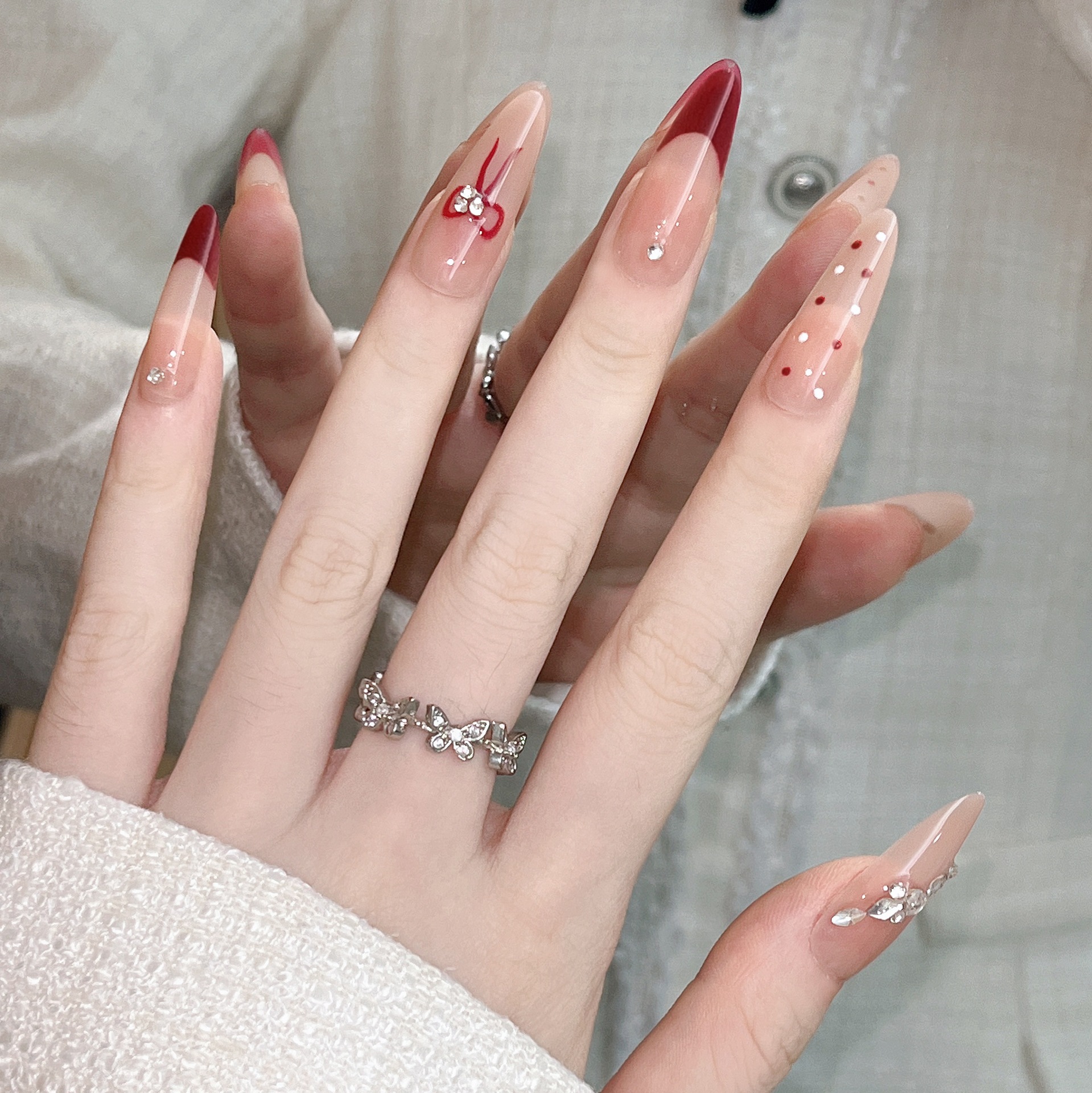 10 piezas de lunares rojo parche de manicura francesa, uñas terminadas al por mayor, desmontables ins de alta calidad, estilo puro, estilo largo