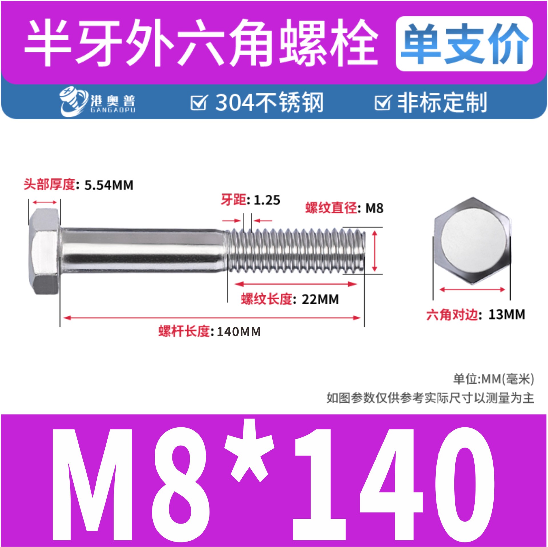 Tornillos hexagonales de media rosca, acero inoxidable 304