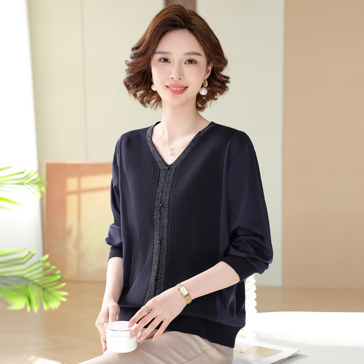 中老年女休闲打底衫妈妈春装时尚小衫纯色贵气V领大码显瘦针织衫|undefined