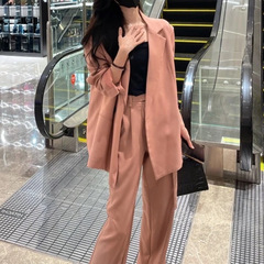 欧洲站时尚宽松高级感西装套装女春秋粉色廓形西装阔腿裤三件套潮