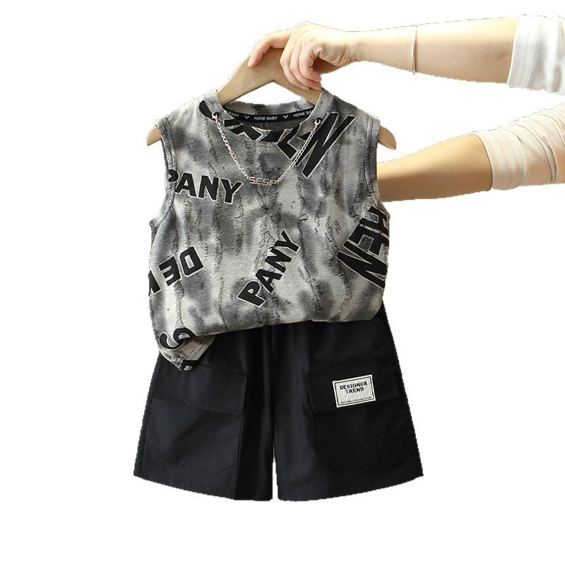 7853 Traje de verano para niños 2025 Nuevo chaleco sin mangas para niños fresco y guapo Traje de dos piezas Ropa de verano para bebés Trendy