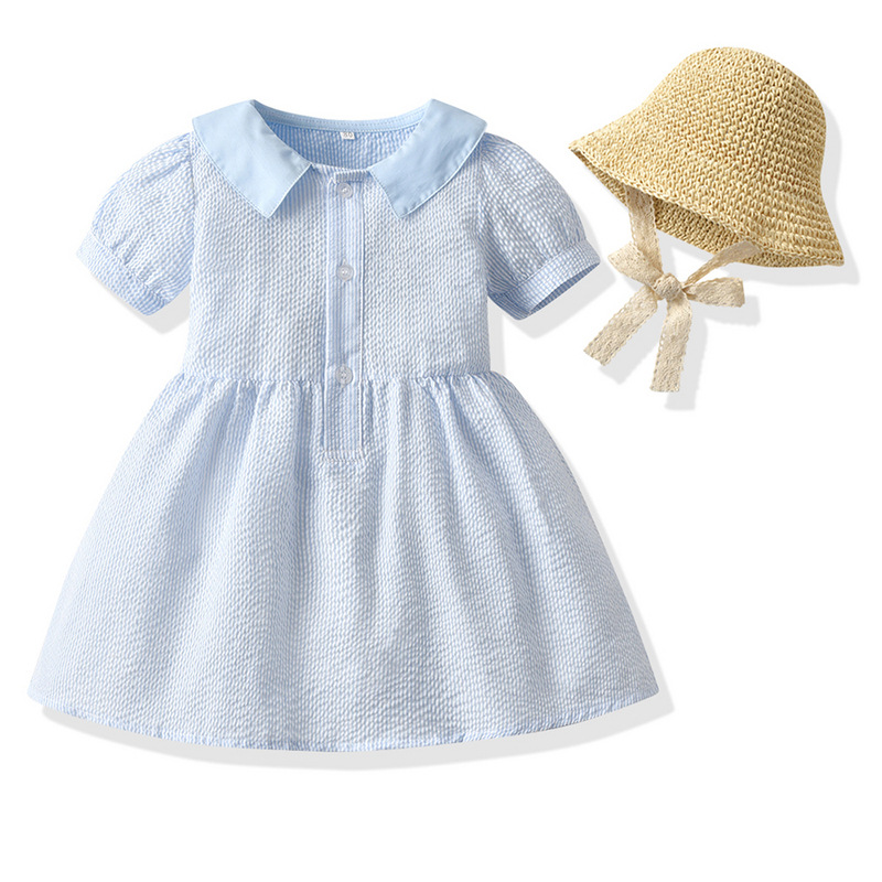 Princess Bubble Short-sleeved Cotton Dress Sunshade Lace Straw Hat Two-piece display picture 2