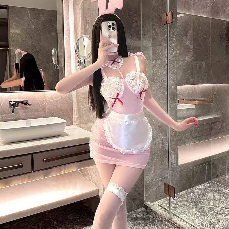 Maid & Bunny Girl Cosplay Lingerie Set with Headband, Apron, Tail and Thong — detail image 2