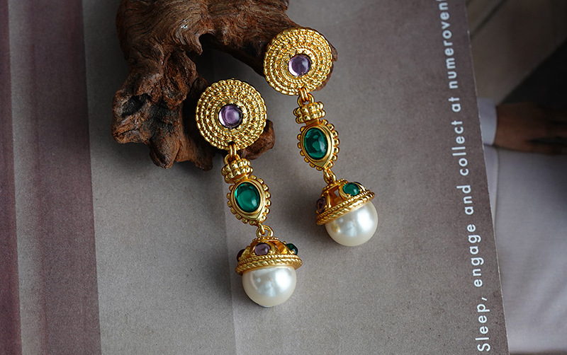 Retro Round Copper Inlay Artificial Pearls Zircon Drop Earrings 1 Pair