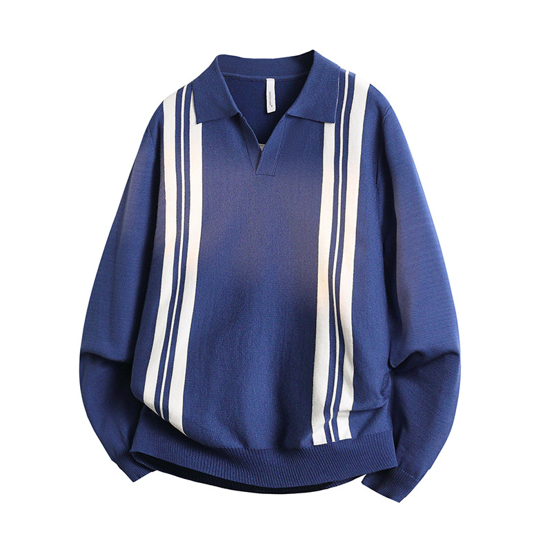 Otoño y invierno ligero maduro moda hombre con solapa suéter delgado tendencia de estilo británico rayas de color contrastante camisa polo de punto casual