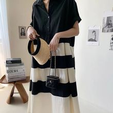 2025新撞色宽边条纹下摆宽松中长款a字半开襟短袖衬衫裙连衣裙女