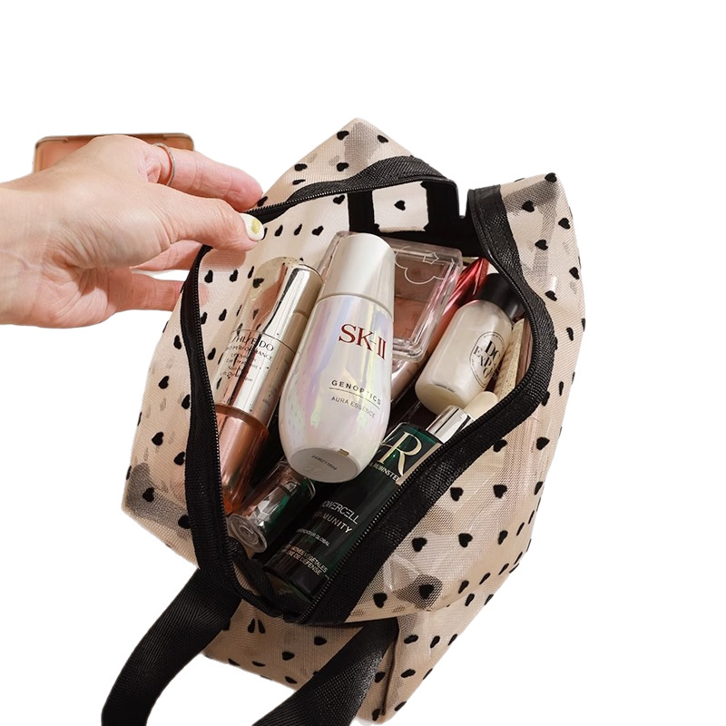 Bolsa de cosméticos de malla flocada, bolsa de maquillaje de lápiz labial portátil, bolsa de almacenamiento de viaje de gran capacidad, bolsa de lavado ampliada