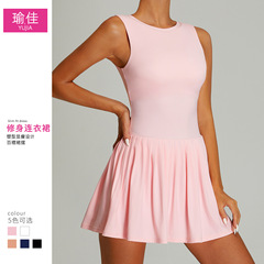 クロスボーダー新型裸感通気ノースリーブテニススカート女性高強度運動ヨガ服防走光フィットネスワンピース
