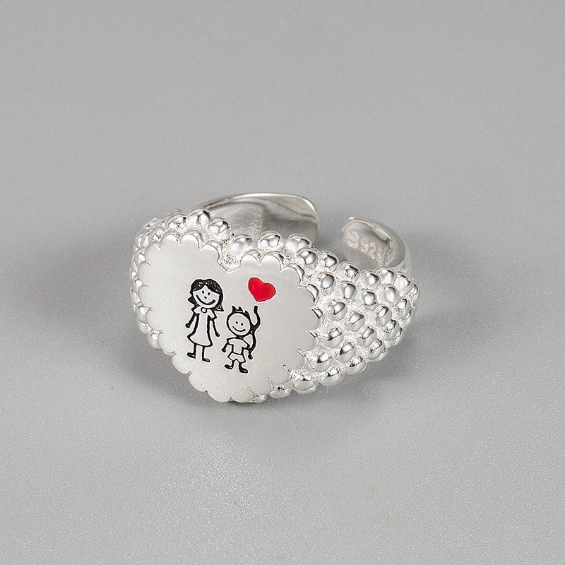 Fashion 925 sterling silver sketch parent-child heart-shaped ring pineapple particle edge open ring