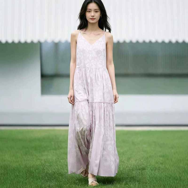 E* Women's Clothing Mall Same Style 2026 Summer New V-Neck Loose Vacation Style Light Purple Floral Strap Dress