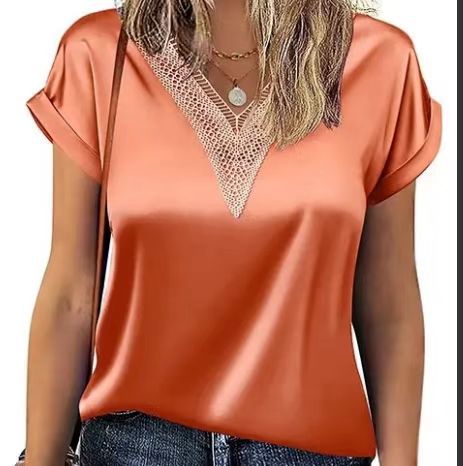 Nueva camiseta de encaje con cuello en v Camiseta de manga corta suelta de satén para mujer Estilo de viaje transfronterizo Ropa de mujer de Amazon europea y americana image 14
