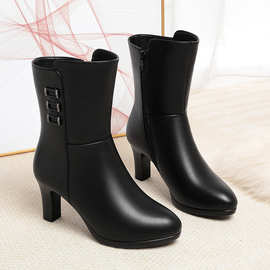 高跟靴子女春秋单靴新款中年女士中筒靴中靴百搭冬季女靴加绒棉靴