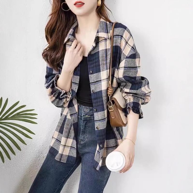 Korean Style Loose Casual Polo Collar Plaid Shirt Women's Design Lace Cuffs Long-Sleeved Single-Breasted Outer Top