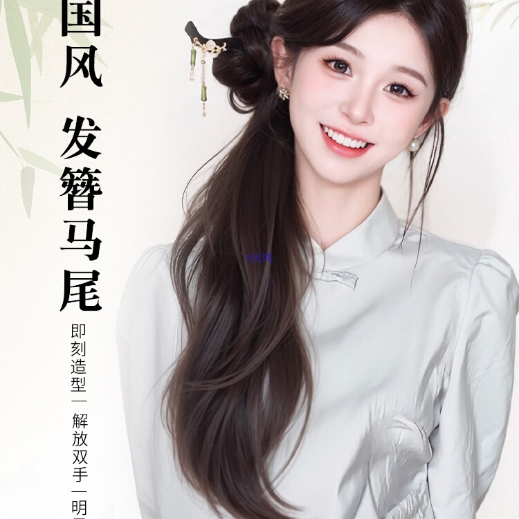 New Chinese Style Wig for Women, Ancient Style Hanfu Clip-On Side Ponytail Wig with Braids, Cool Feeling Wig with Braided Ponytail