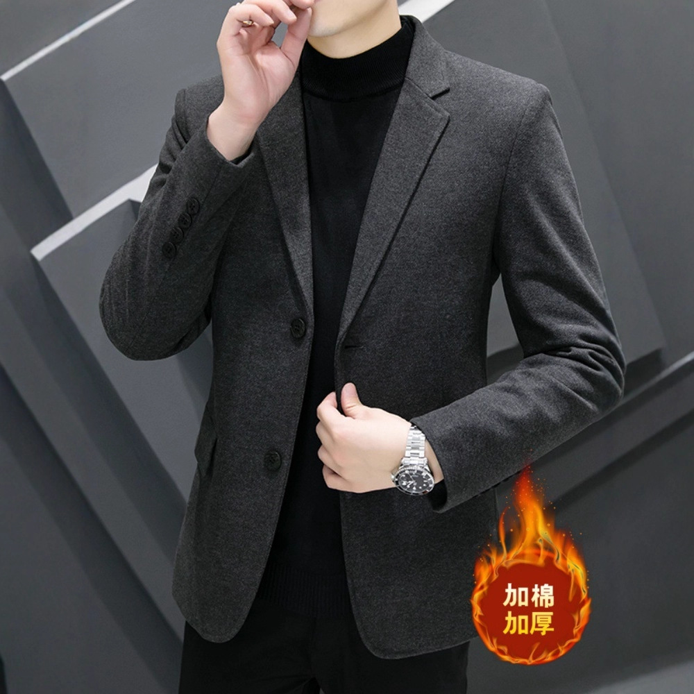 男士西服毛呢西装秋冬呢子小西服修身韩版轻奢保暖款加棉加厚外套
