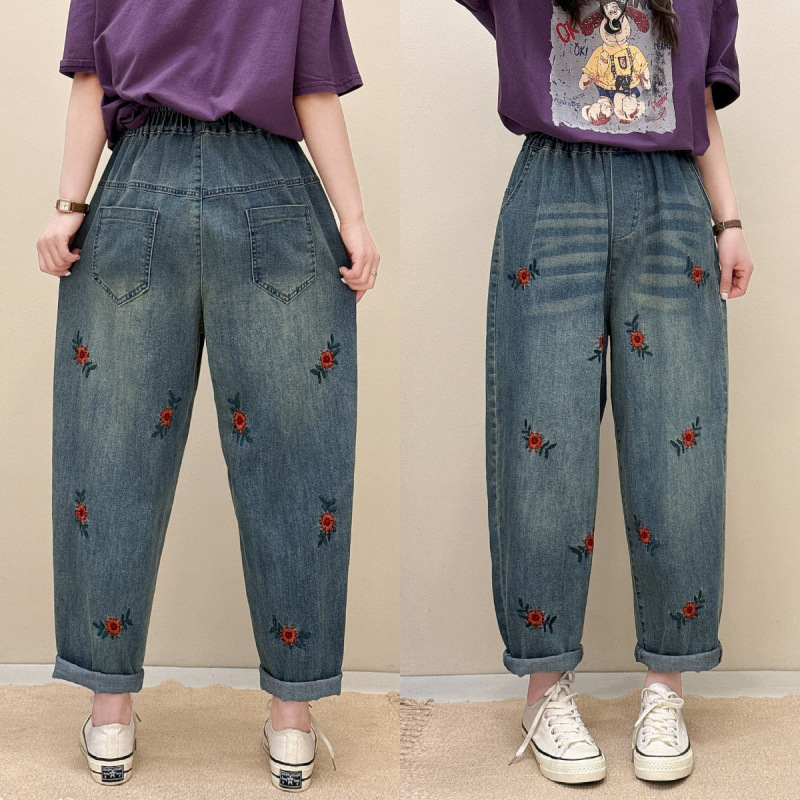 文学レトロ花刺繍ストレッチジーンズ女性の春夏の新しいルーズプラスサイズスリム多用途ハーレムパンツ|undefined