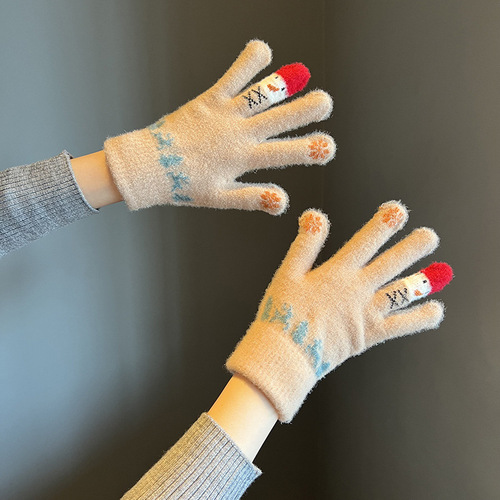 Gloves for women in winter, cute snowman cartoon, thickened and warm, touch screen soft girl ins, student winter riding to protect against cold