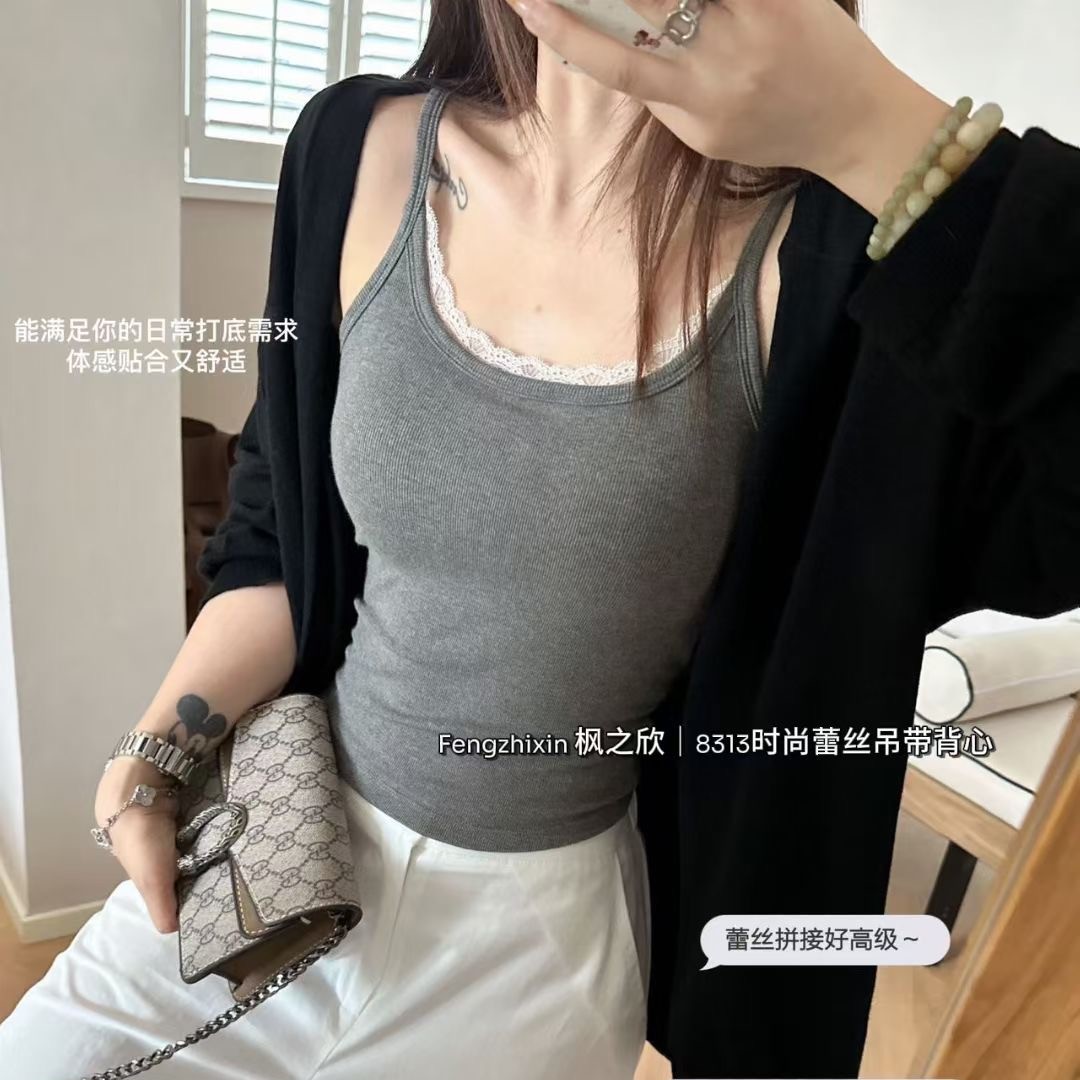 Cross-Border Popular Lace-Trimmed Camisole with Pure Lace and Beautiful Back Design, Women's Inner Wear with Chest Pads, Round Neck, Beautiful Back Top