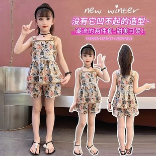 25 New Girls' Trendy Retro Rose Camisole Shorts Summer Fashion Two-Piece Set for Older Children