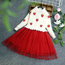 女童秋冬连衣裙水貂绒毛衣针织连衣裙新款女童装女宝宝草莓蓬蓬裙