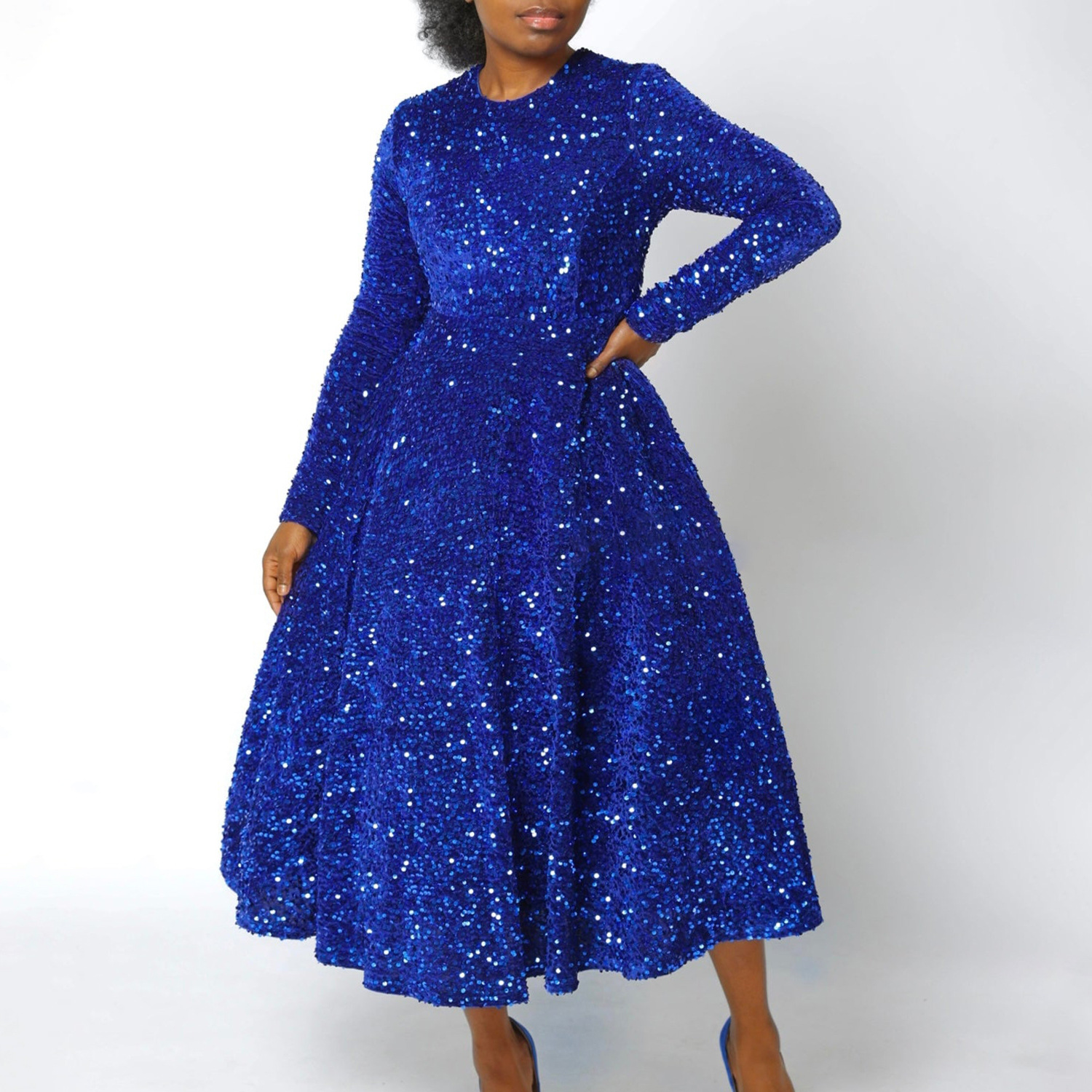 D469 Cross-Border New Women's Clothing Round Neck Long Sleeve Solid Color Sequin High Waist Elegant Mid-Length European_ecoleips.com
